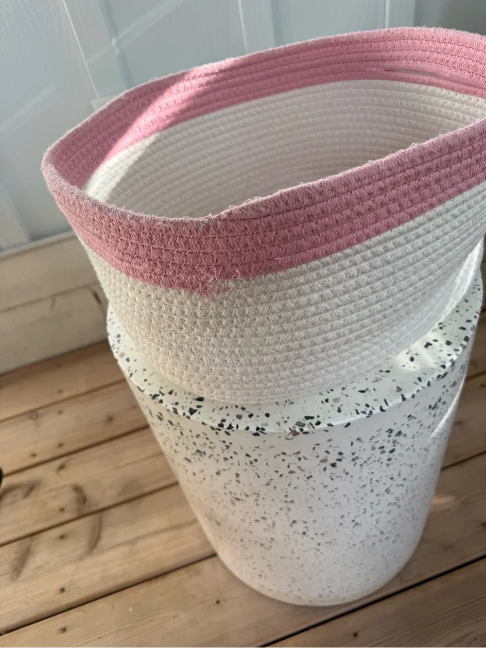 The Container Store Small Kawaii Cotton Rope Bin with Handles Pink Cream